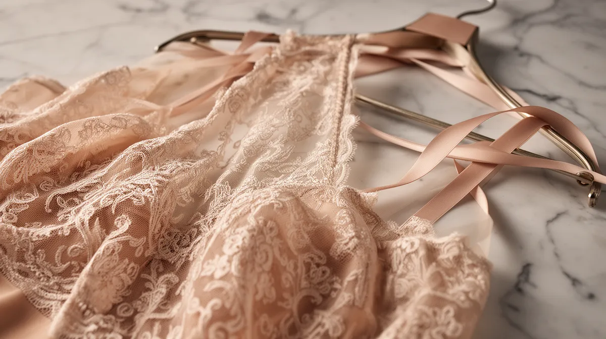 Delicate lace lingerie with satin ribbons on marble background.