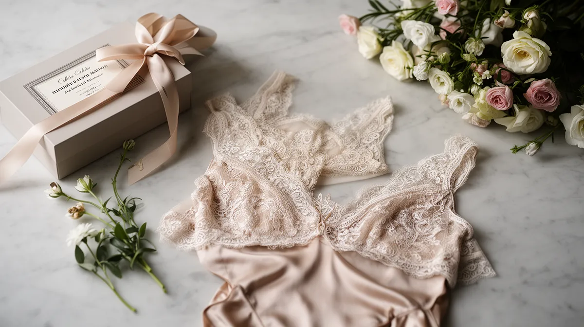 Elegant lace lingerie, gift box, and bouquet of flowers.