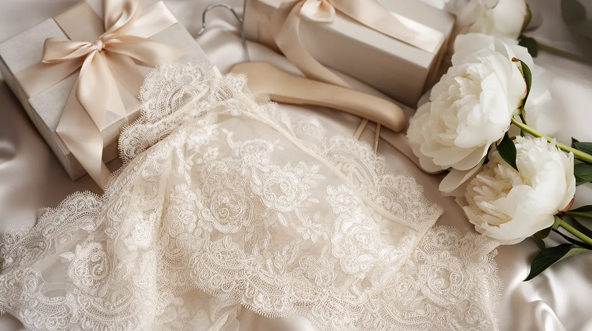 Delicate lace, elegant gifts, and beautiful white peonies.