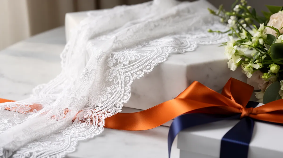 Delicate lace, vibrant ribbon, floral arrangement, gift box, wedding details.