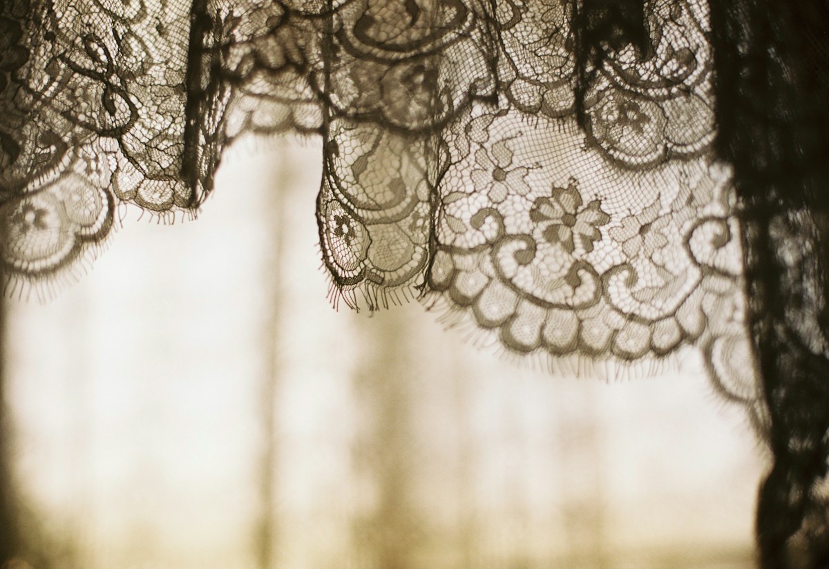Close-up of delicate black lace fabric with floral patterns