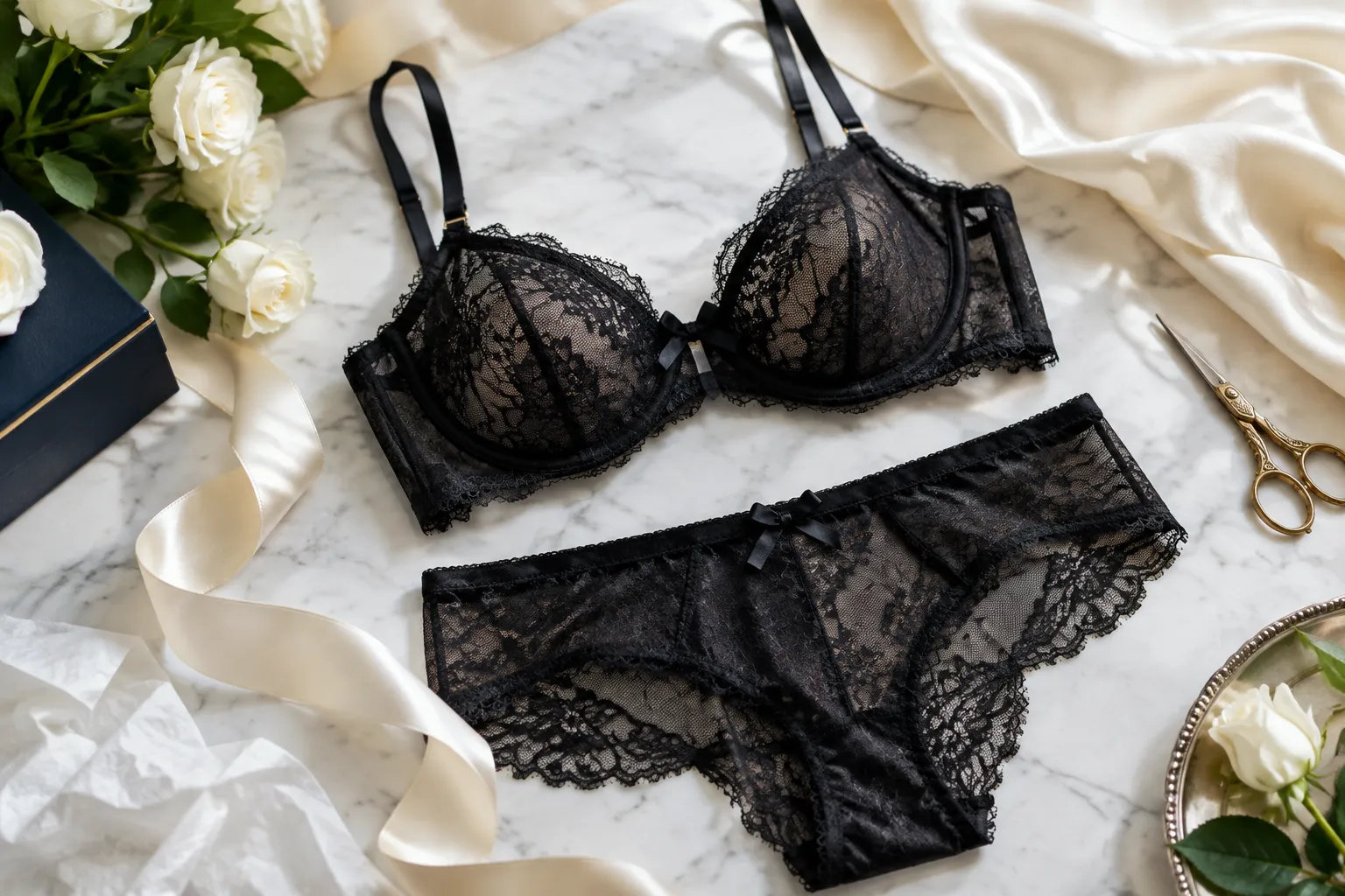 Black lace lingerie set on marble with roses and ribbon