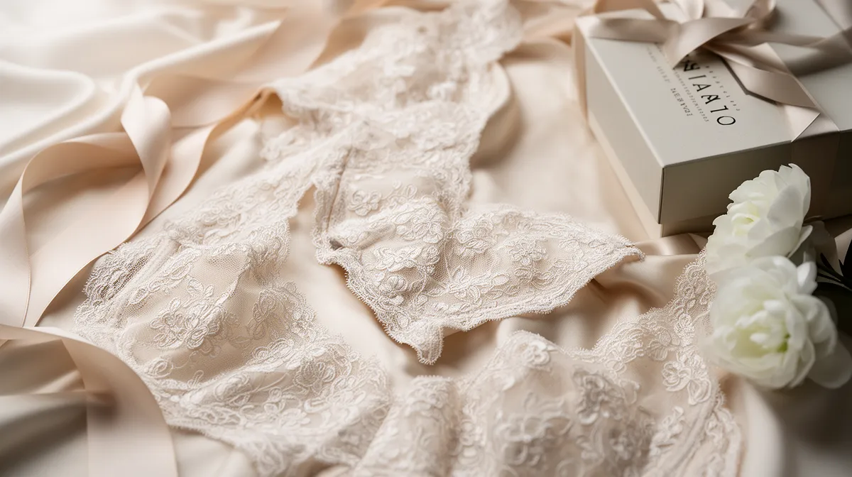 Delicate lace wedding dress, floral accents, elegant and romantic.
