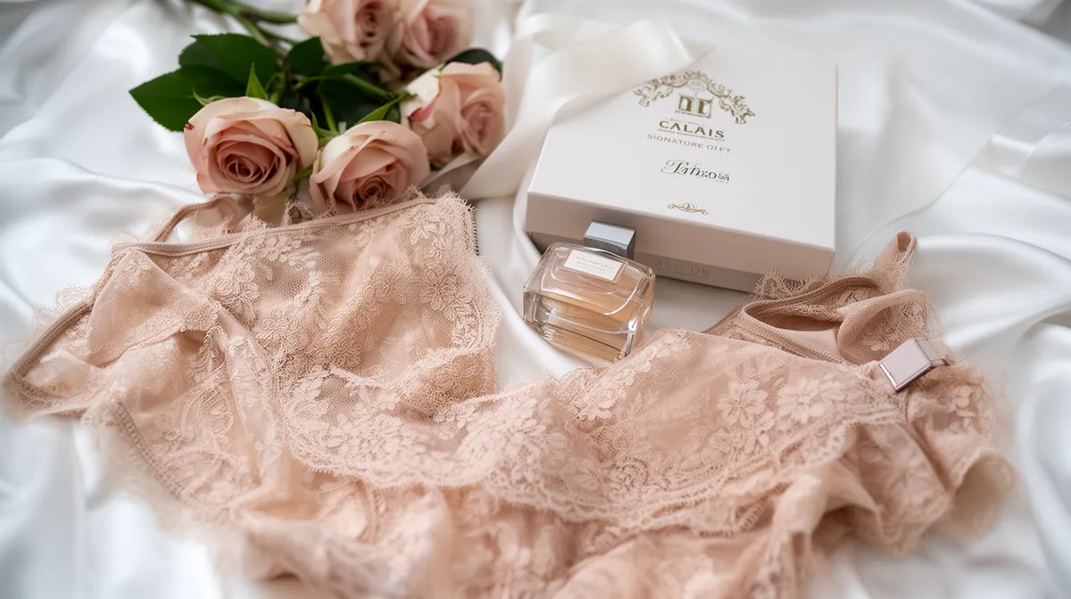 Delicate pink roses, lace lingerie, and a perfume bottle.