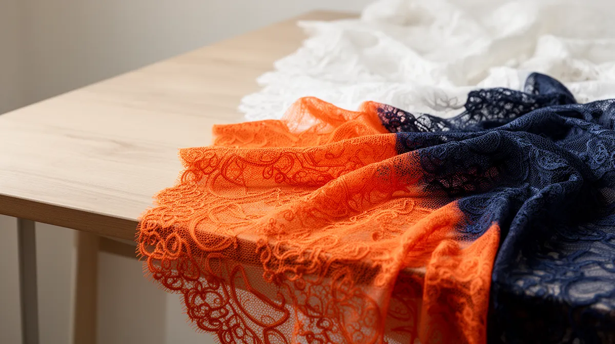 Colorful lace fabric, orange and navy blue, draped on table.