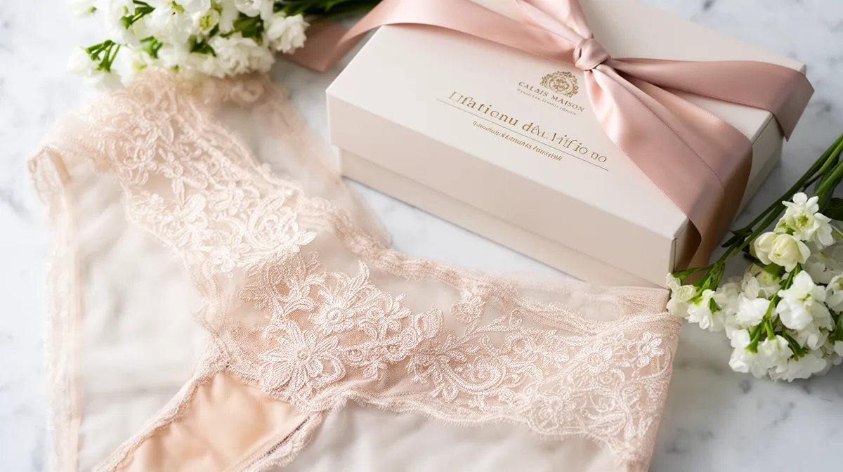 Elegant lace lingerie, floral bouquet, and luxurious gift box.