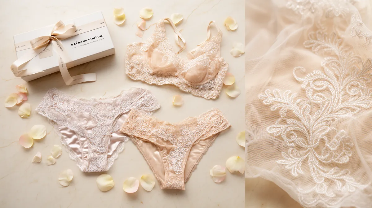 Delicate lace lingerie, rose petals, and a gift box.