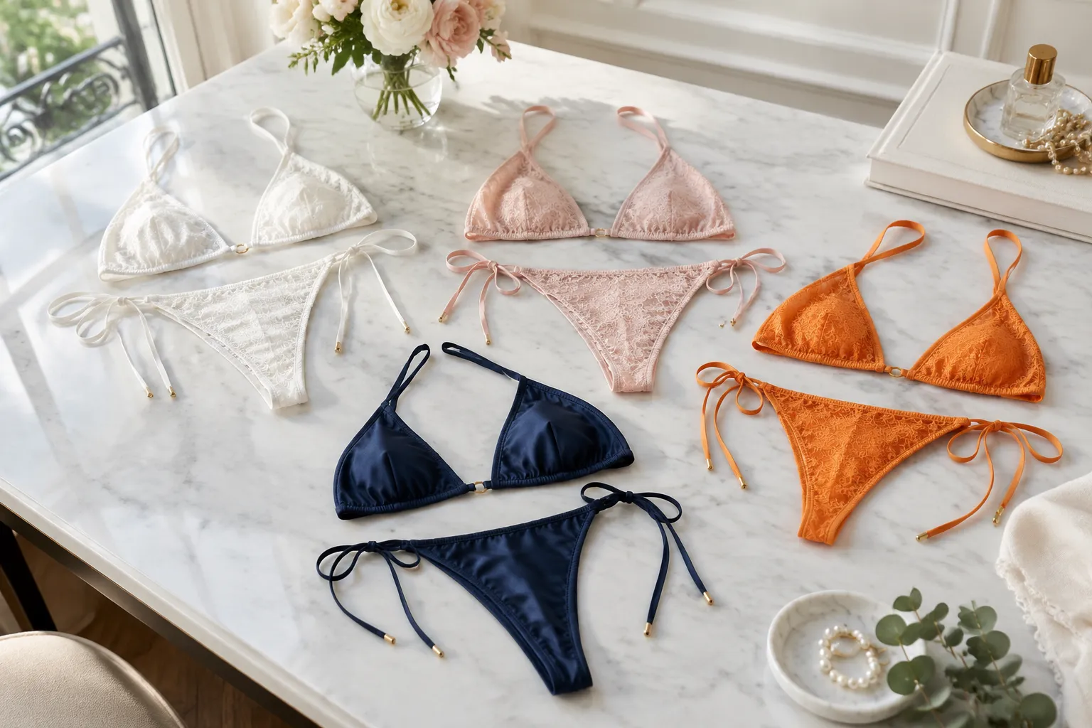 Four lace bikini sets in white, pink, orange, and navy on marble table