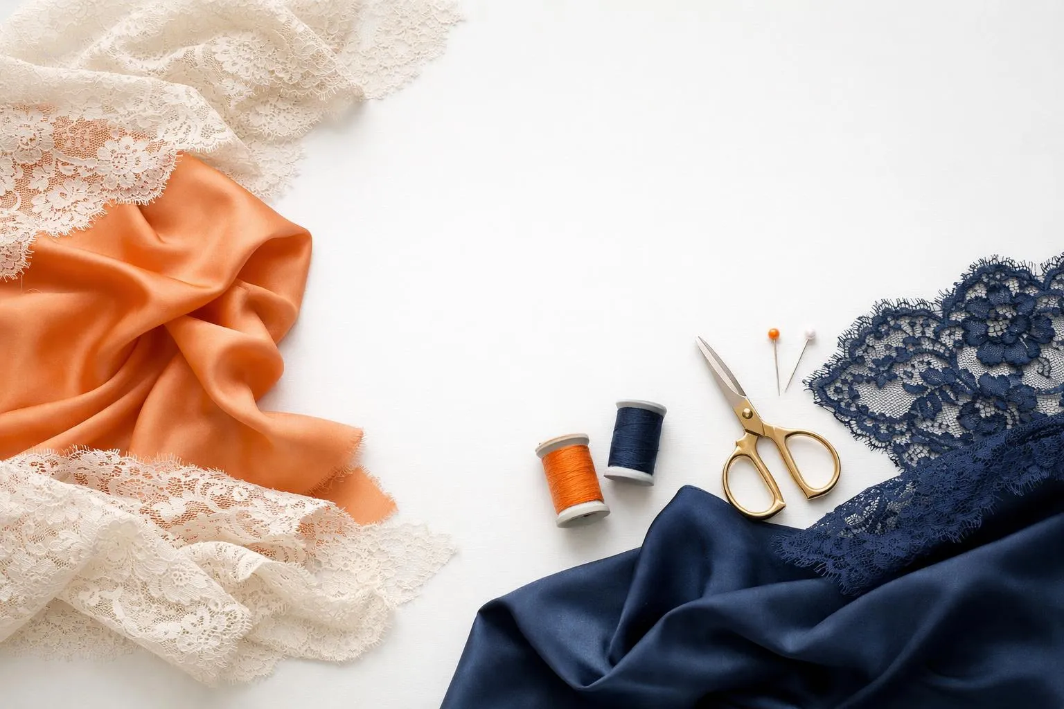 Sewing materials, fabrics, and tools arranged on a white background.