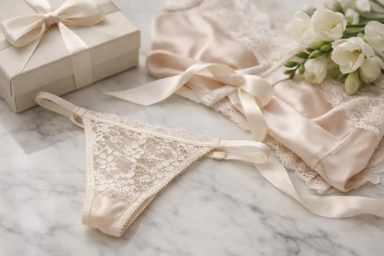 Delicate lace lingerie, gift box, and bouquet of white flowers.