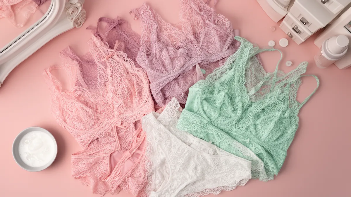 Assortment of delicate, lacy lingerie in pastel colors.