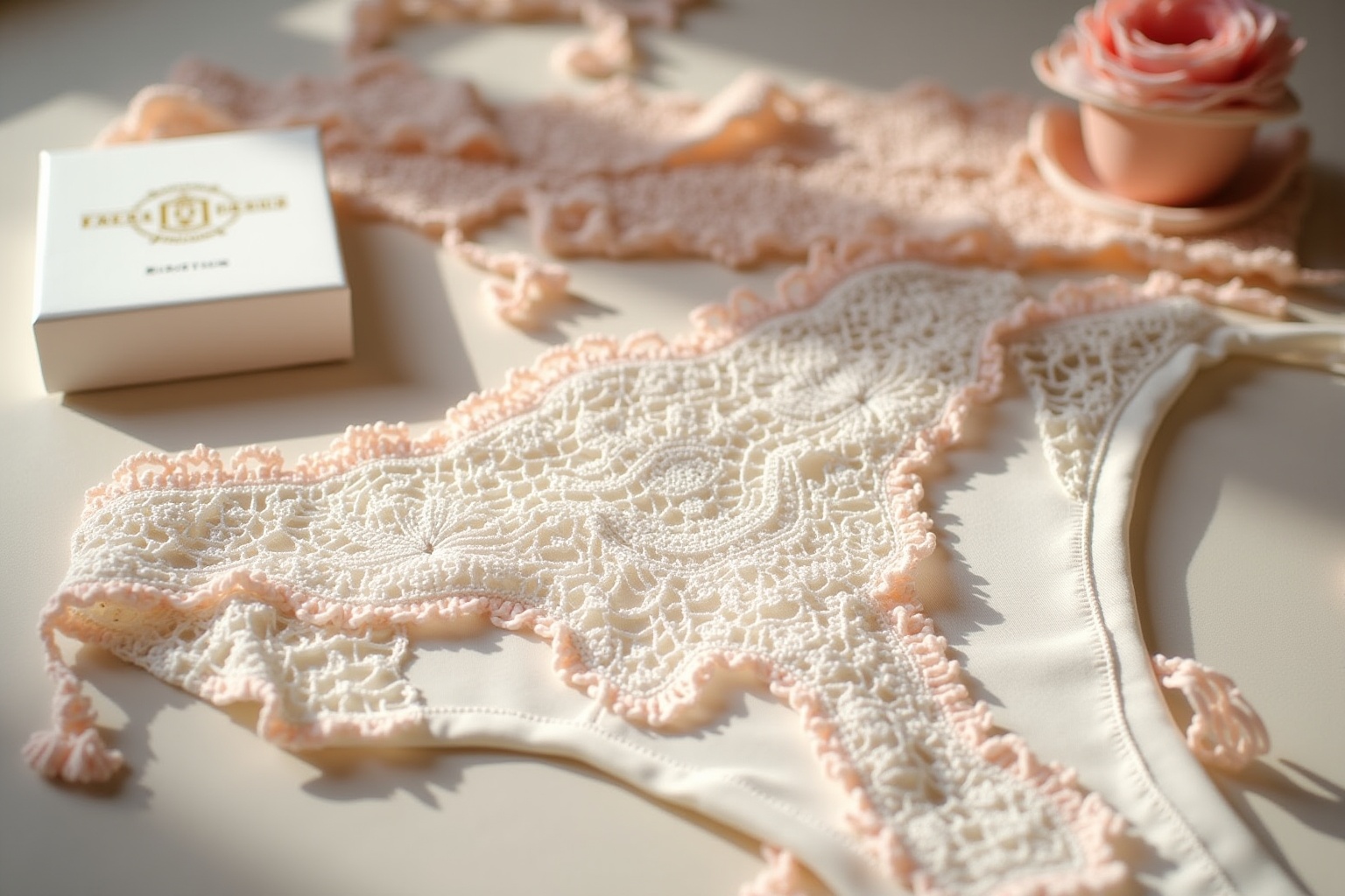 Delicate lace lingerie, rose, and jewelry box on fabric.