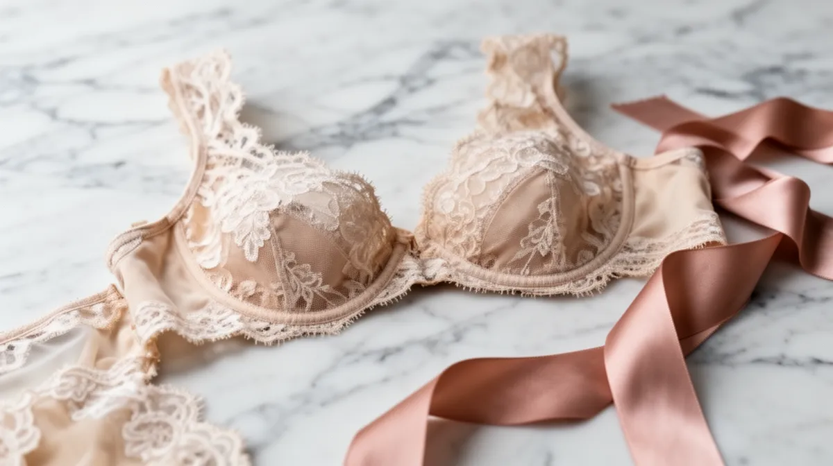 Delicate lace bra with satin ribbon on marble background.