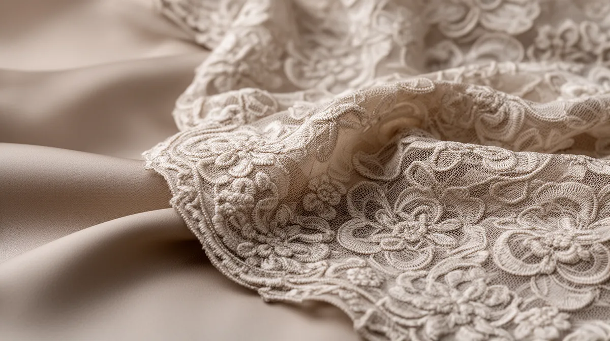 Intricate lace fabric with delicate floral patterns and textures.