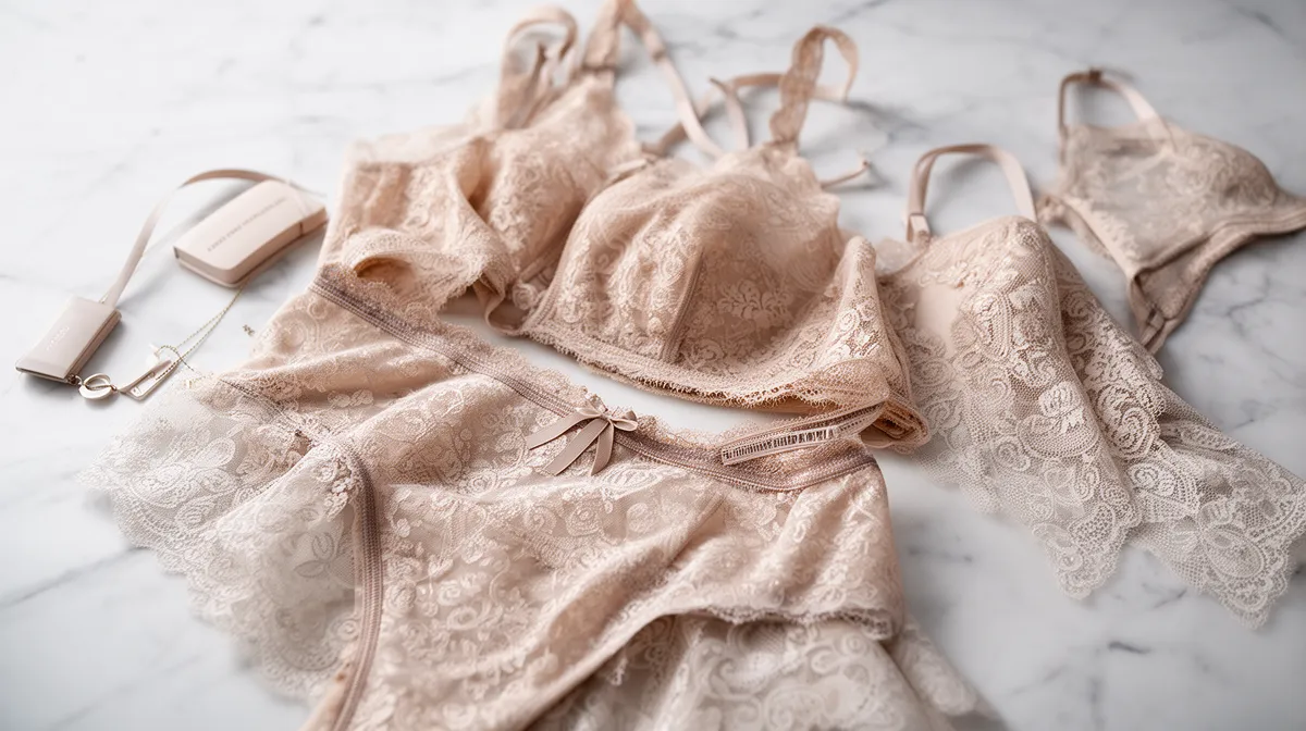 Delicate lace lingerie, intricate patterns, soft tones, intimate accessories.