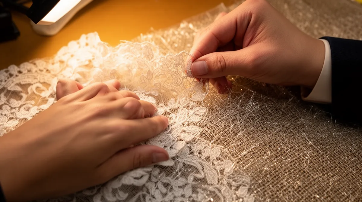 Hands carefully working on delicate lace fabric.