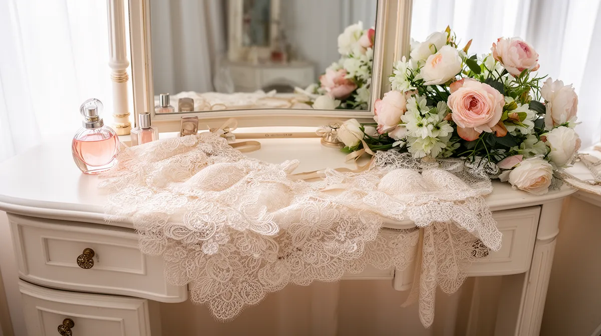 Elegant vanity with lace, flowers, and perfume bottles.