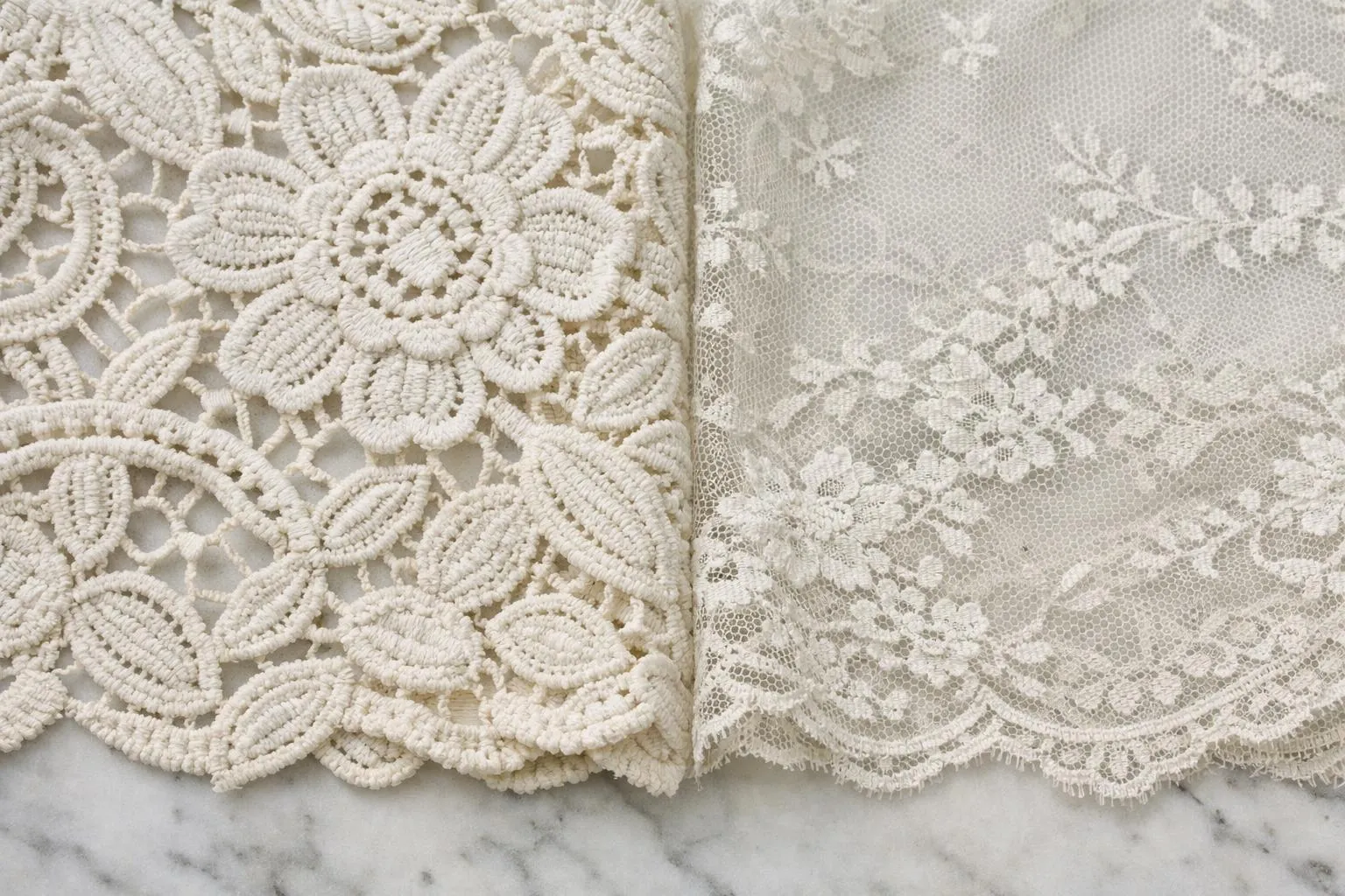 Intricate white lace patterns, delicate floral designs, and sheer fabric textures.