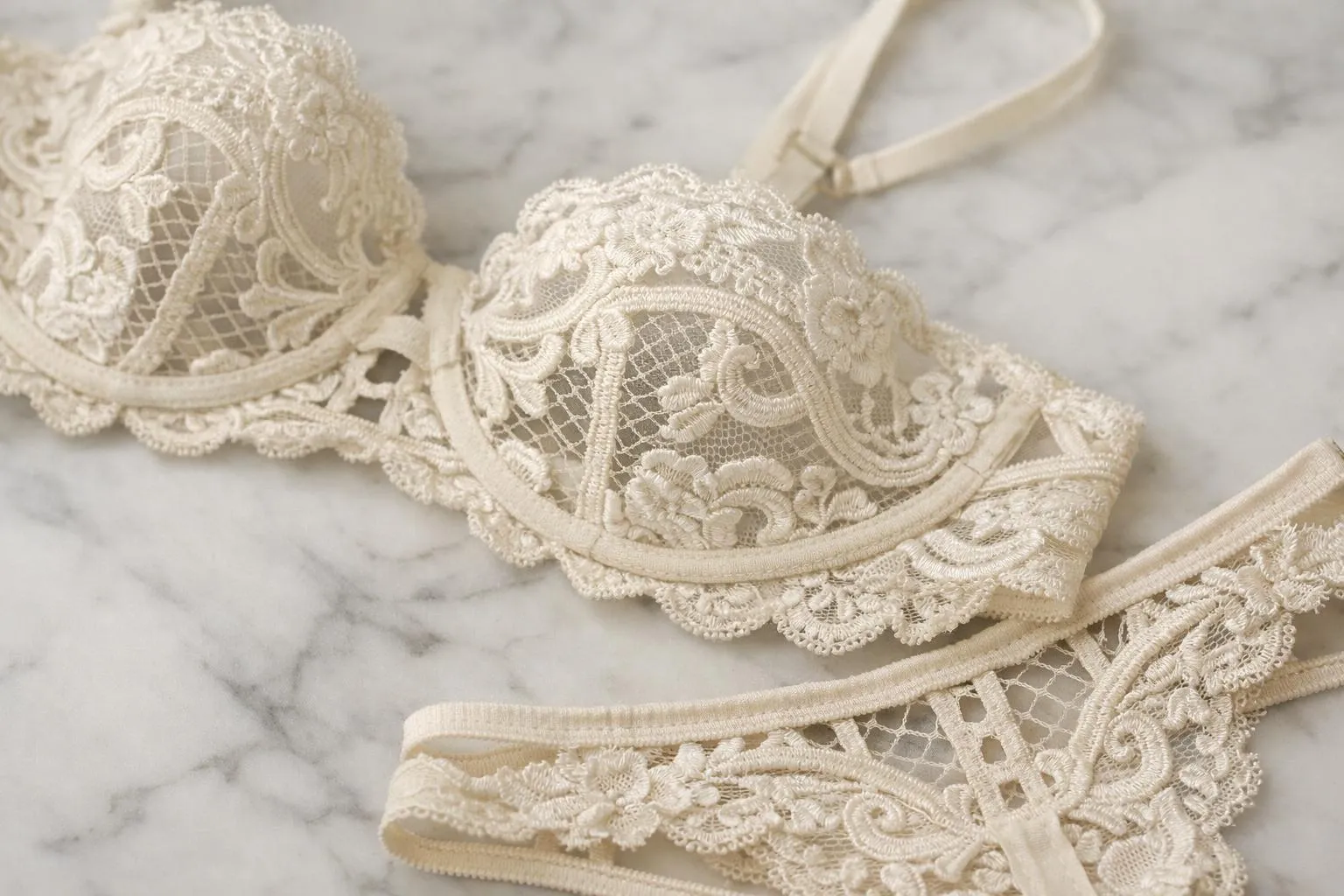 Delicate, intricate lace undergarment with floral embroidery and patterns.
