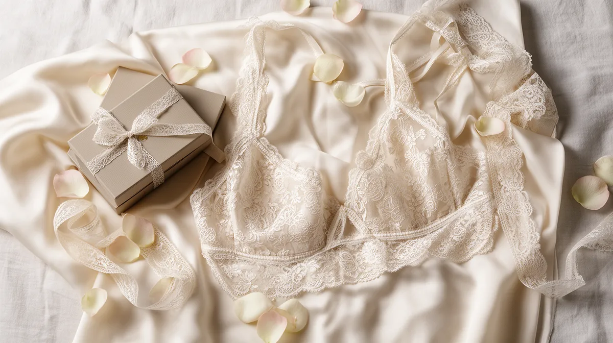 Delicate lace lingerie, gift box, and scattered rose petals.