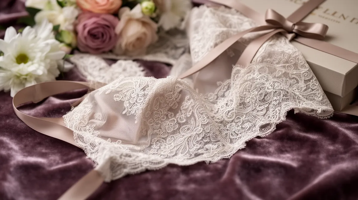 Delicate lace, soft flowers, and a gift-wrapped box.