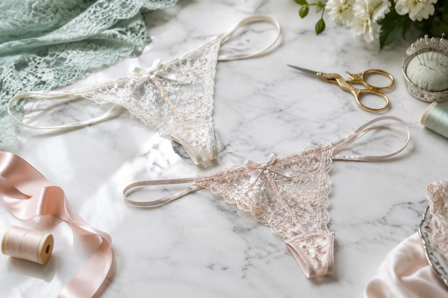 Lace lingerie, ribbons, scissors, and sewing supplies on marble surface