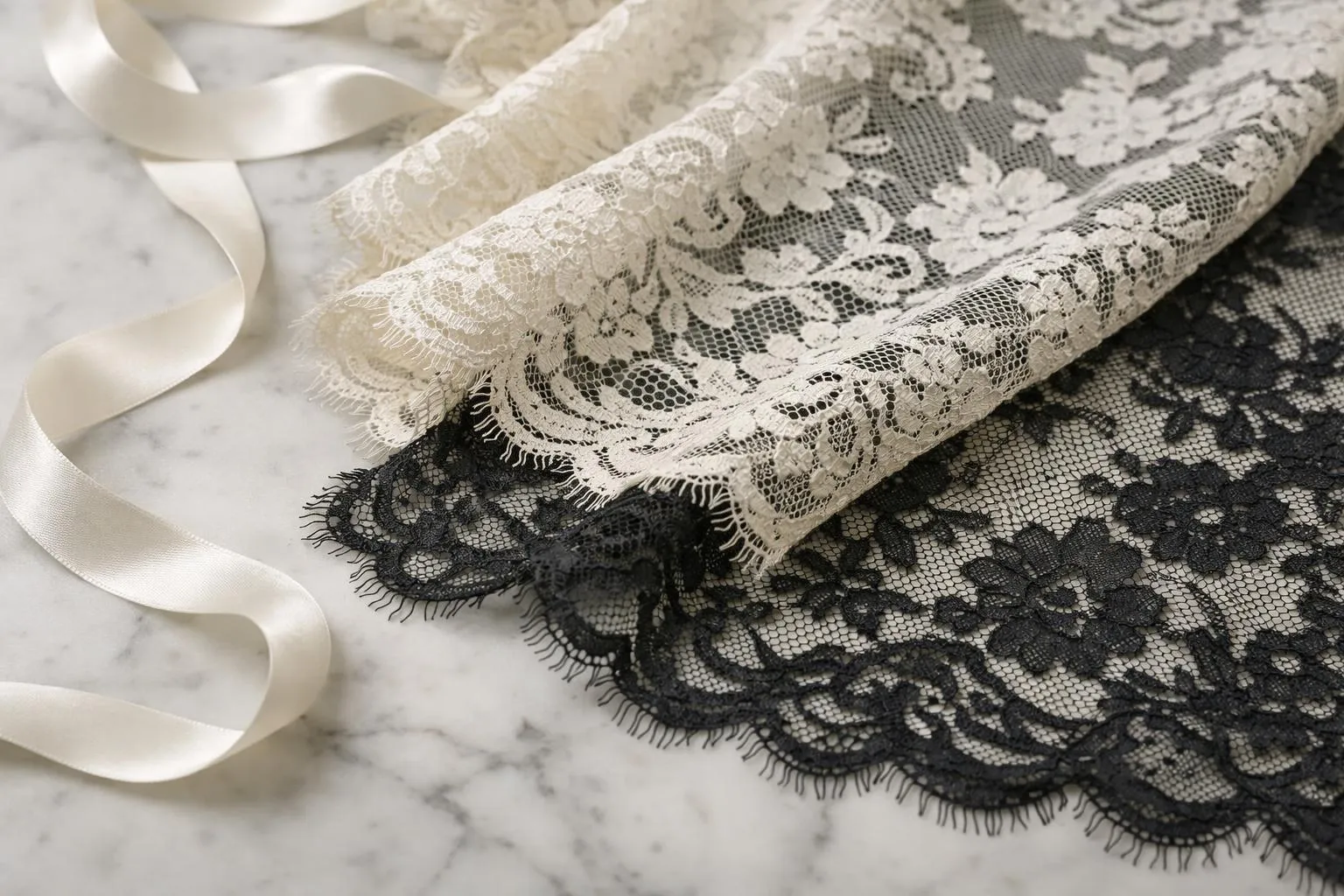 Delicate lace fabric, intricate floral patterns, contrasting black and white tones.