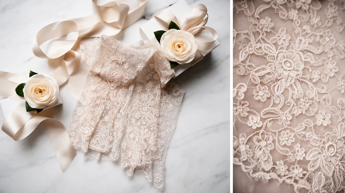 Delicate lace, soft roses, and flowing ribbons on marble.