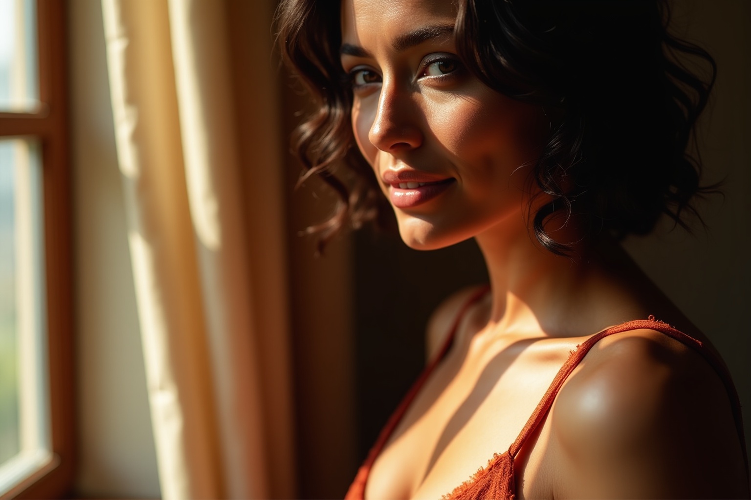Pensive woman with dark hair and warm expression by window.