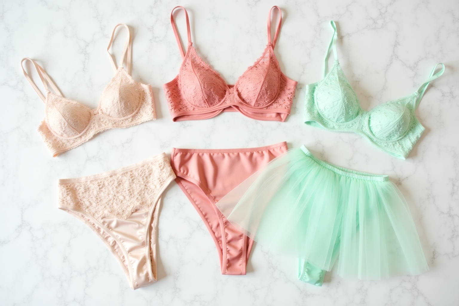 Assortment of lacy, pastel-colored women's undergarments and tulle skirt.
