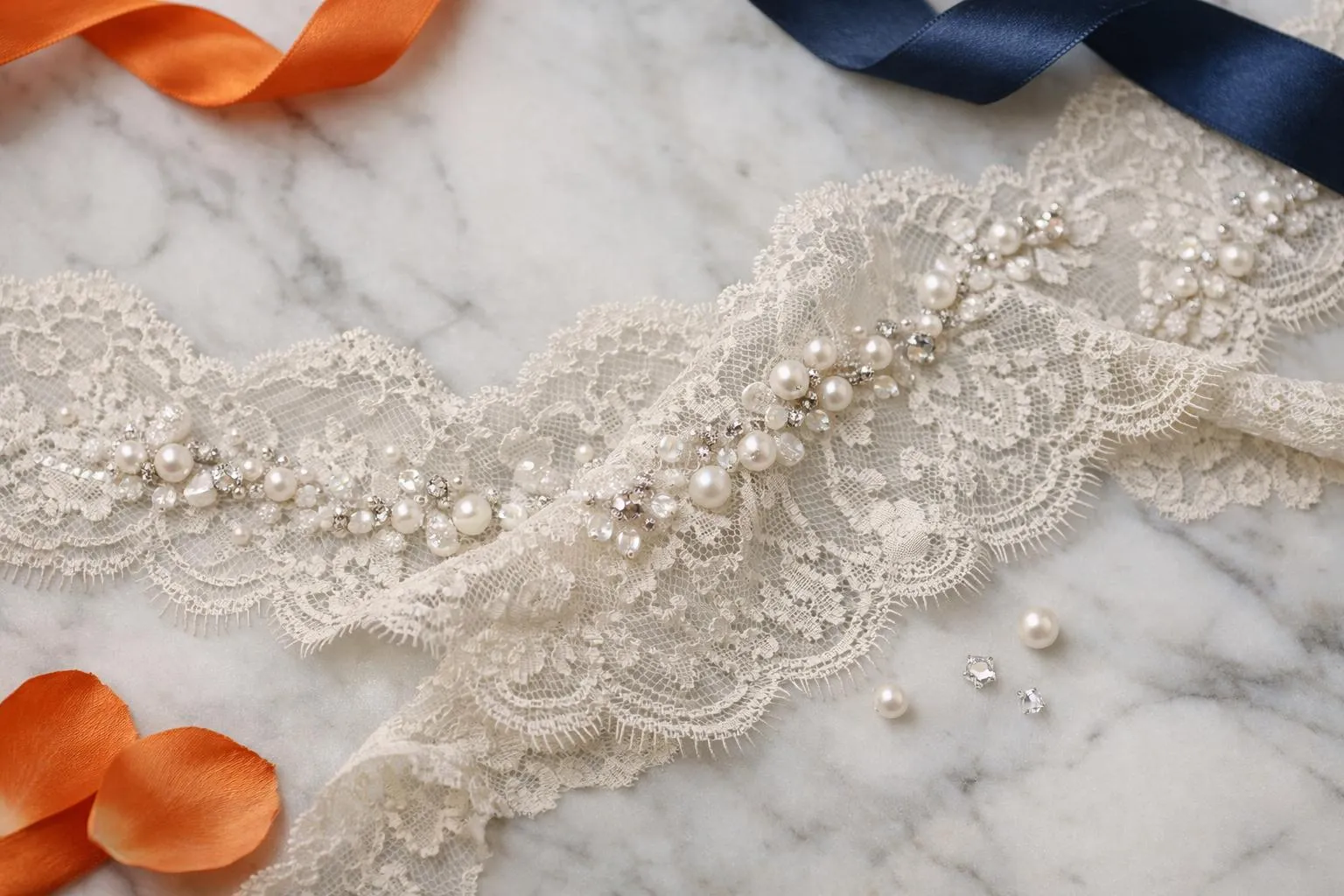 Delicate lace garter with pearls and rhinestones on marble.