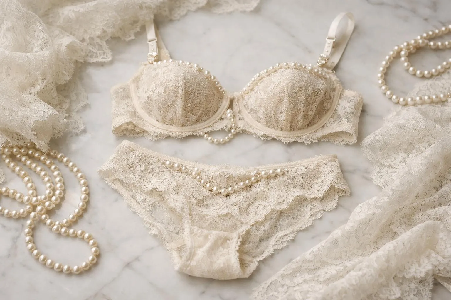 Delicate lace brassiere and panties adorned with pearls on marble.