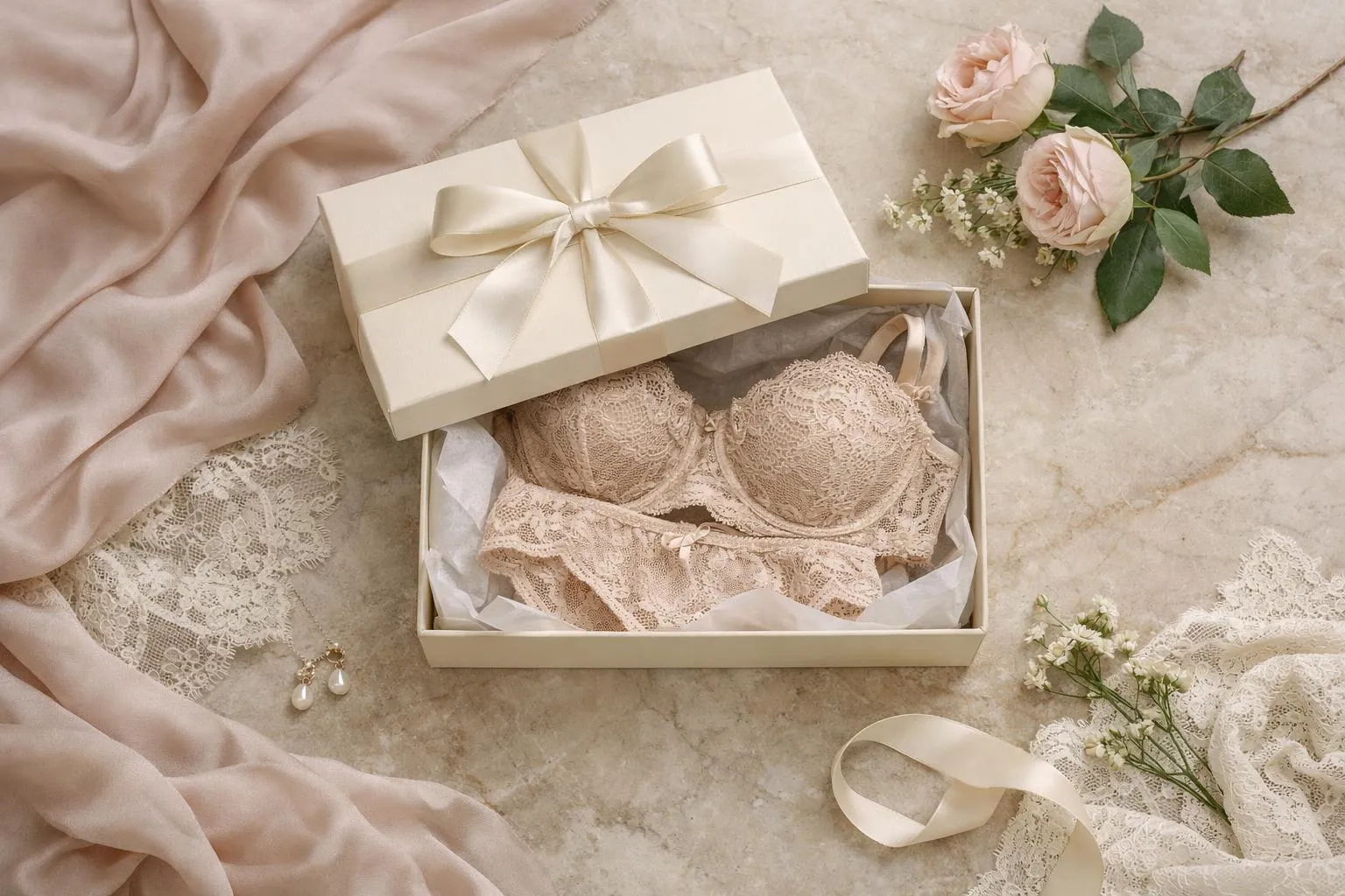 Elegant lingerie set in gift box, surrounded by flowers.