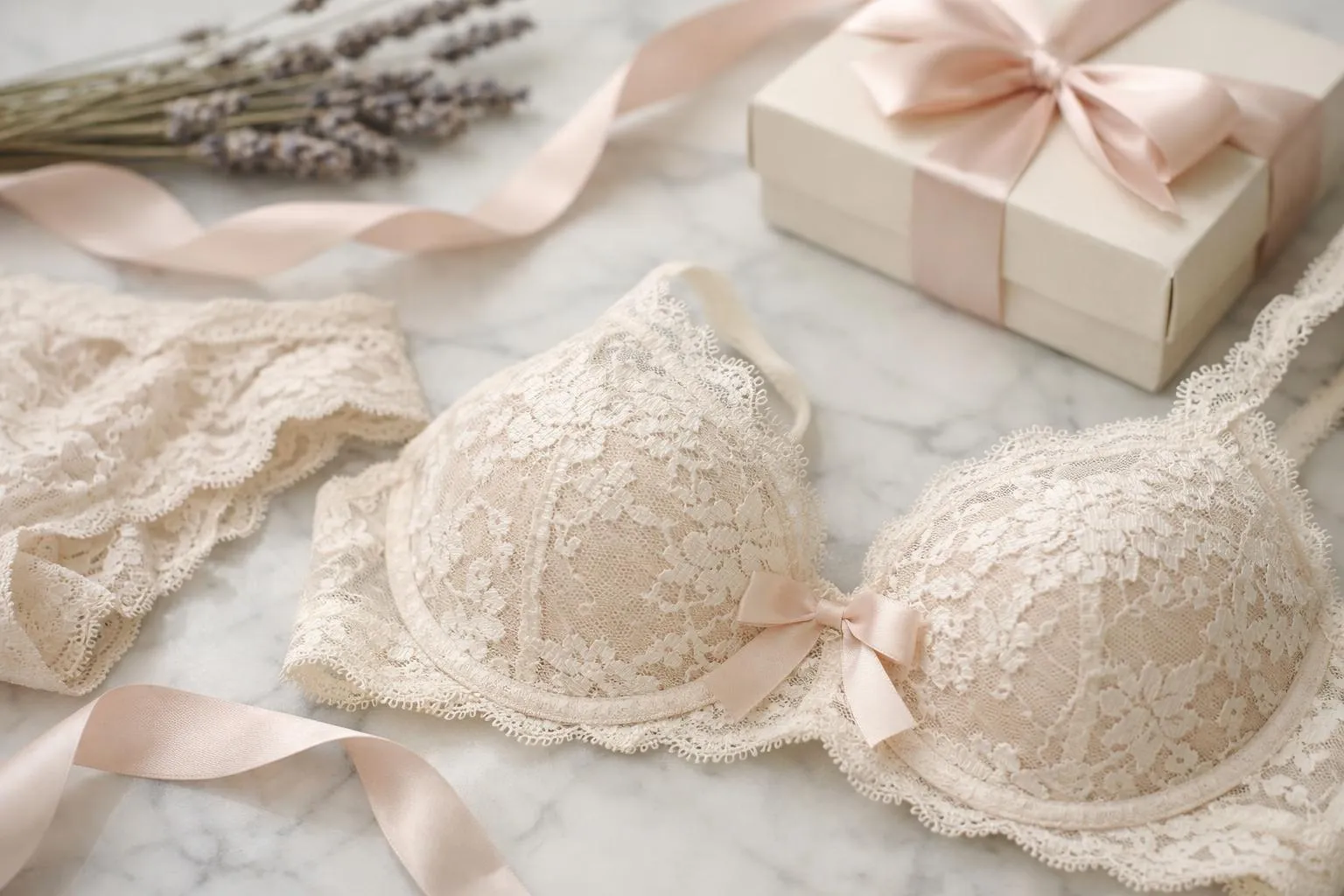 Delicate lace lingerie, gift box, and lavender flowers on marble.