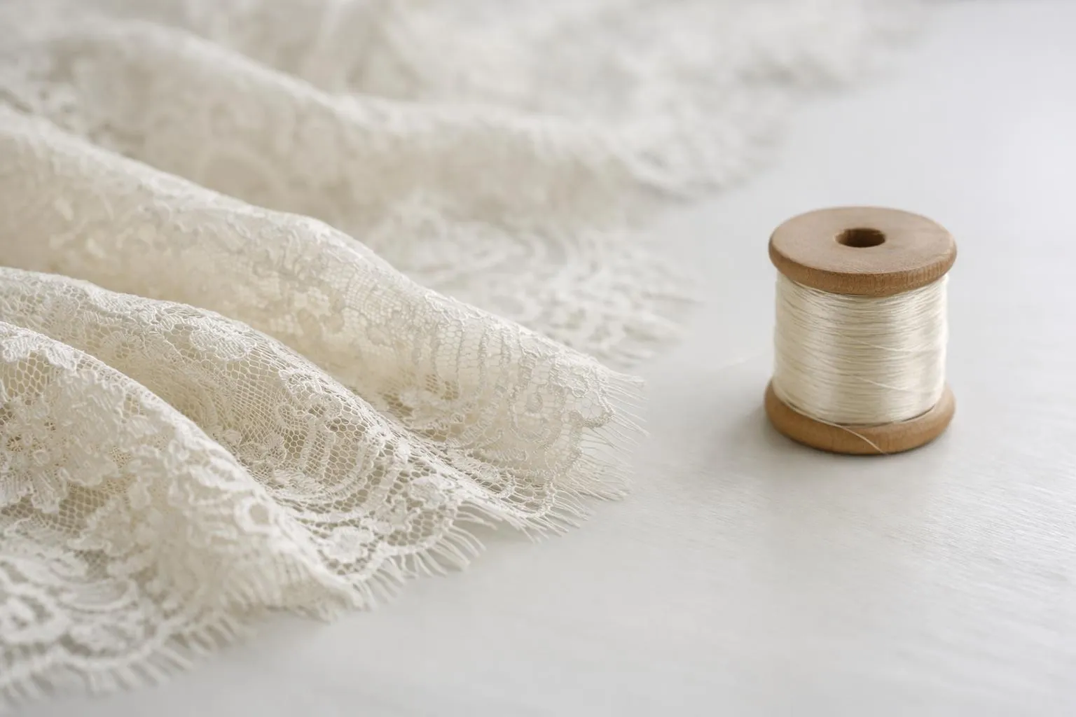 Delicate lace fabric, wooden spool of thread, minimalist composition.