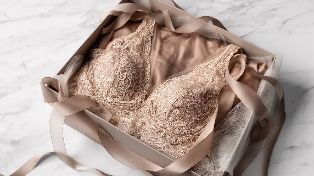 Delicate lace lingerie in neutral tones, wrapped in satin ribbons.