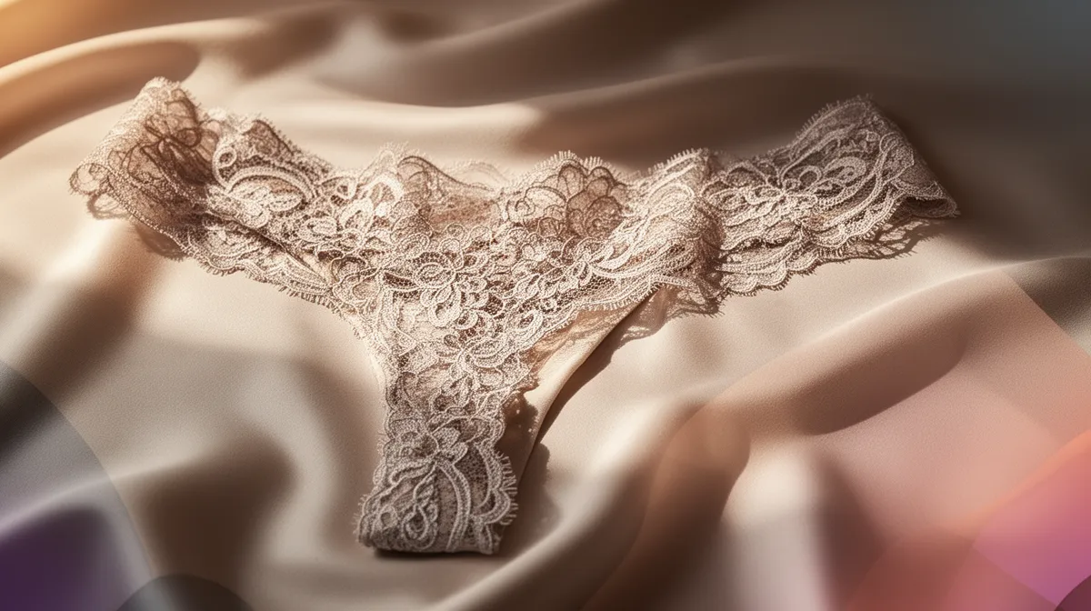Delicate lace undergarment on soft, flowing fabric.