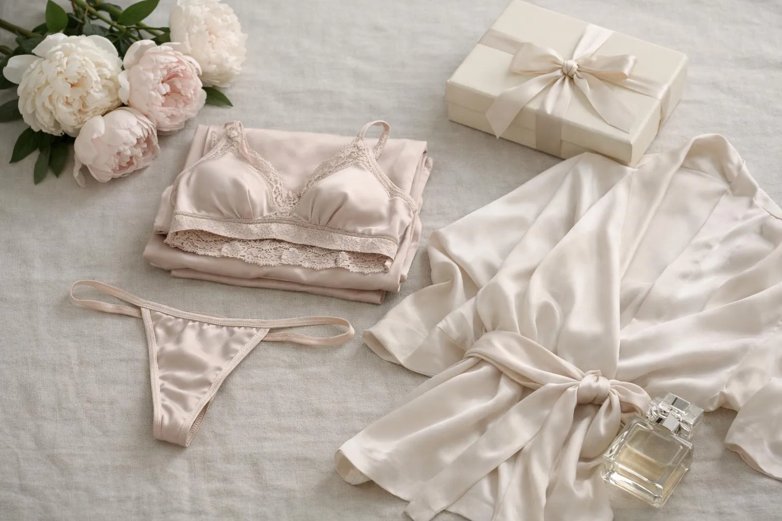 Delicate lingerie, gift box, and floral bouquet on soft fabric.