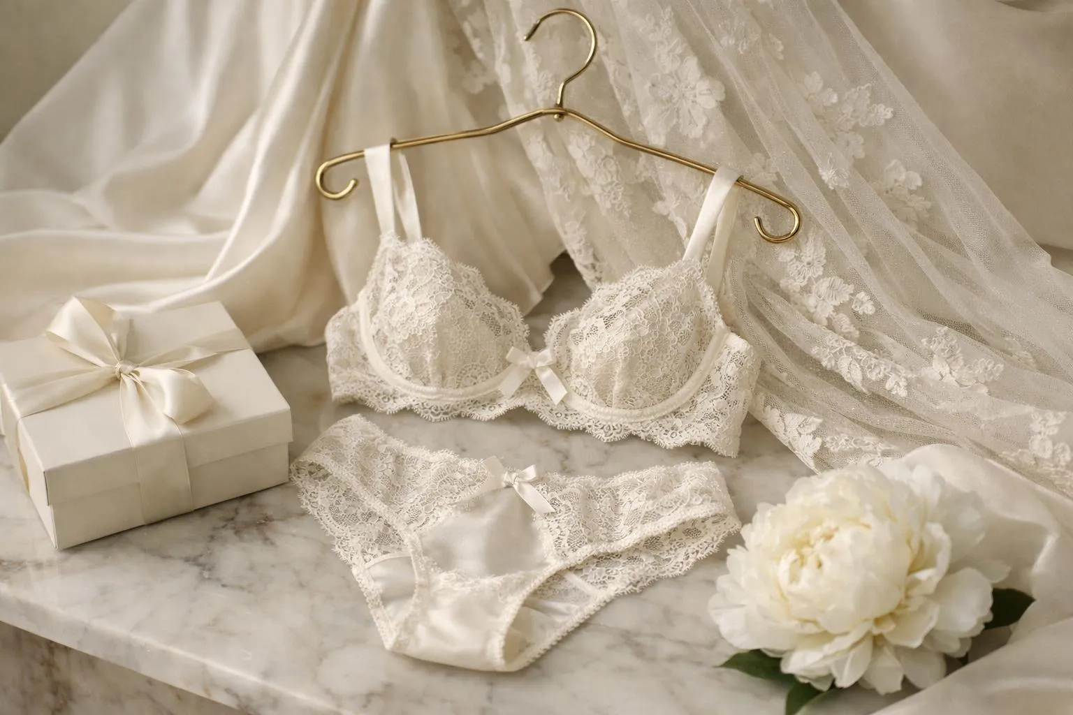 Delicate lace lingerie, gift box, and white peonies on marble.