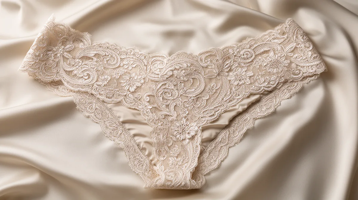 Delicate lace undergarment with intricate floral patterns and textures.