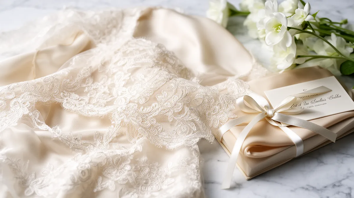 Delicate lace fabric, pristine white flowers, elegant invitation envelope.