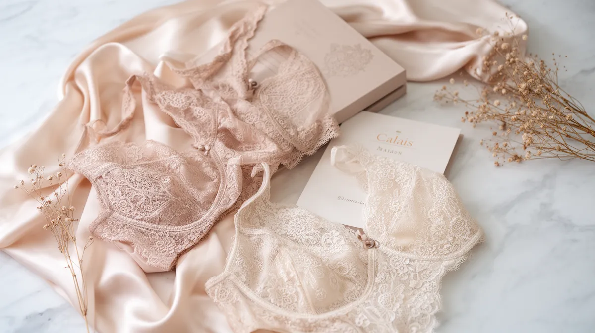 Delicate lace lingerie, satin fabric, and dried floral accents.