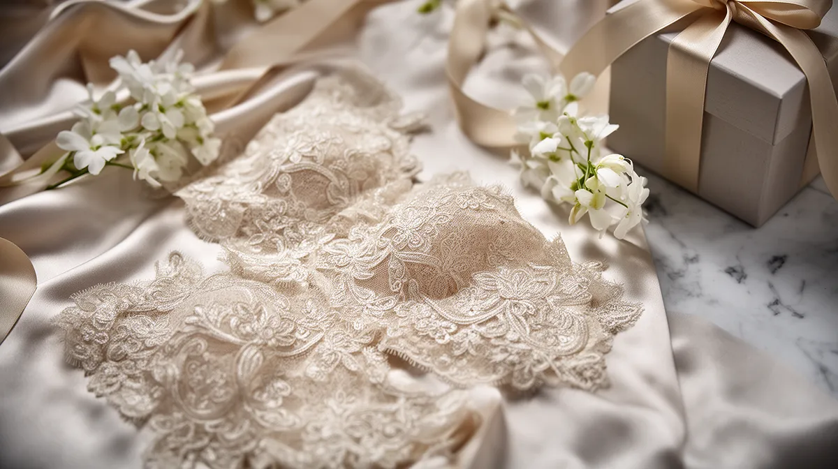 Delicate lace, floral accents, wedding attire, gift box, soft tones.