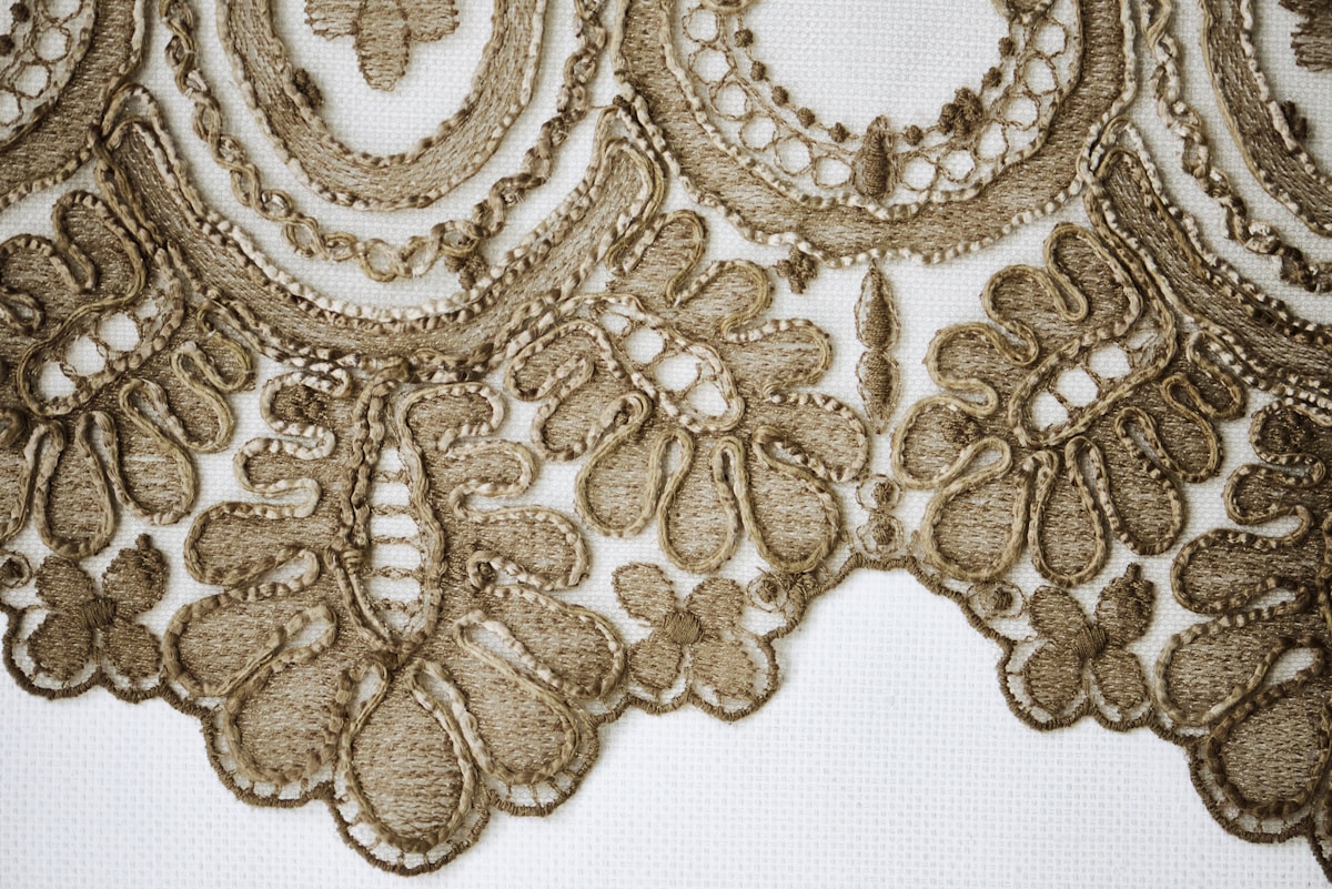 Detailed brown lace border on white.