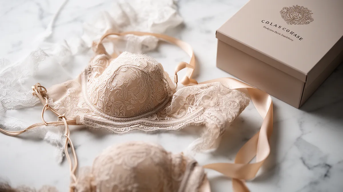 Delicate lace lingerie, luxury brand box, soft marble background.