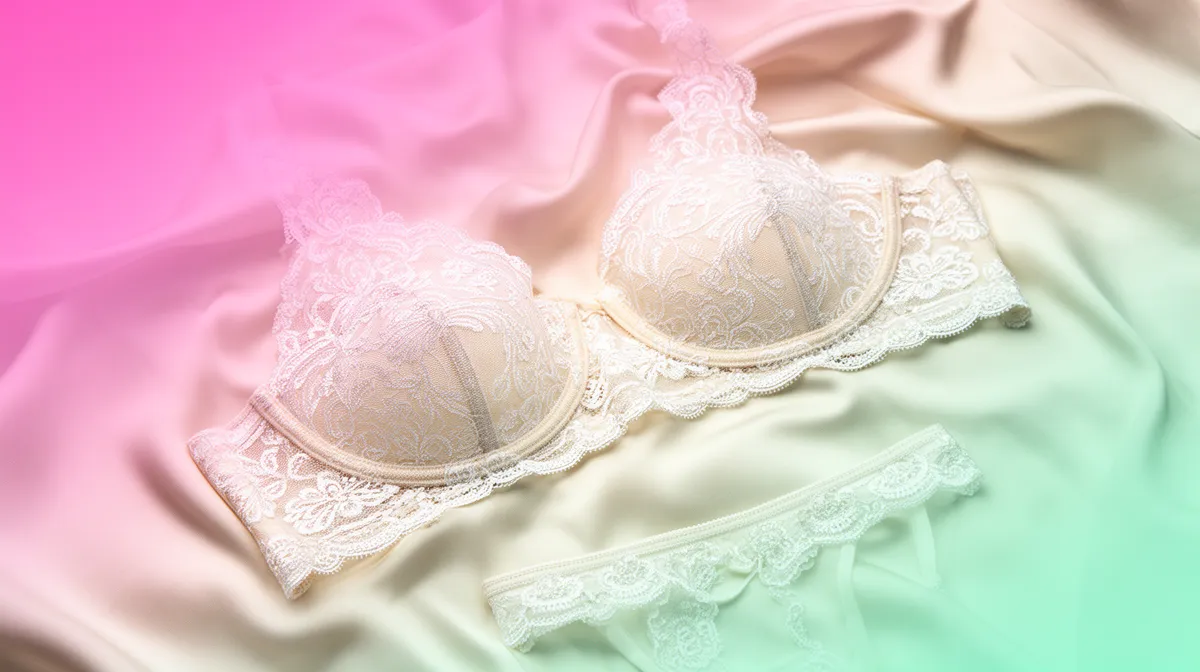 Delicate lace brassiere and panties in pastel hues.