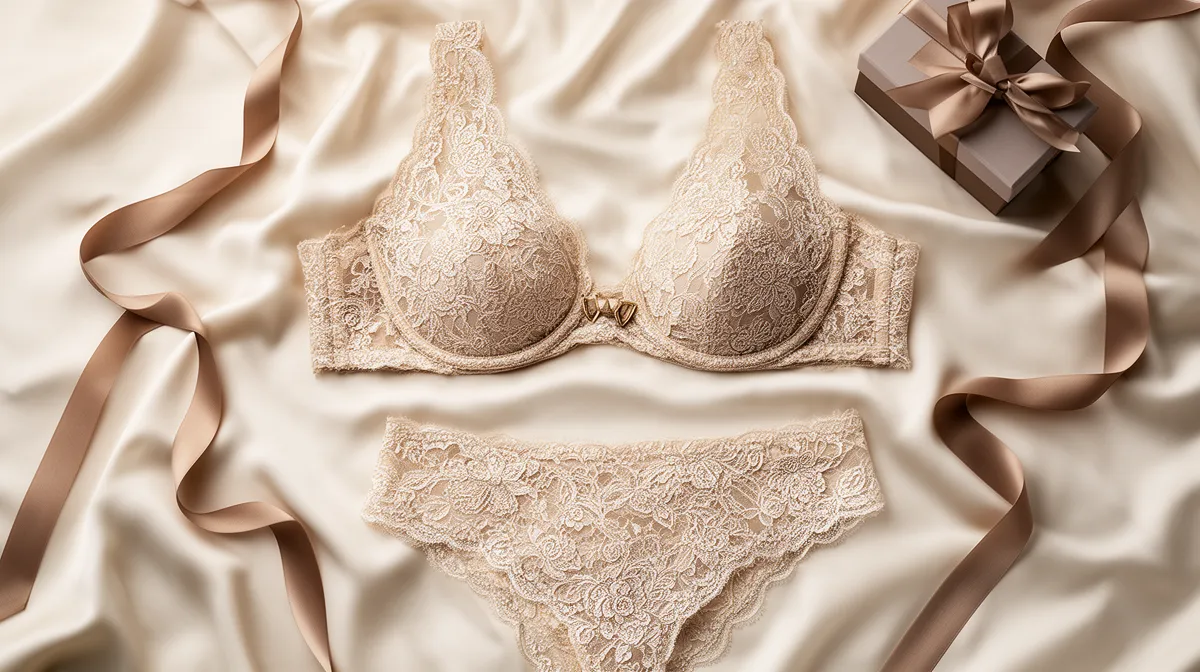 Elegant lace brassiere and panties on satin background.