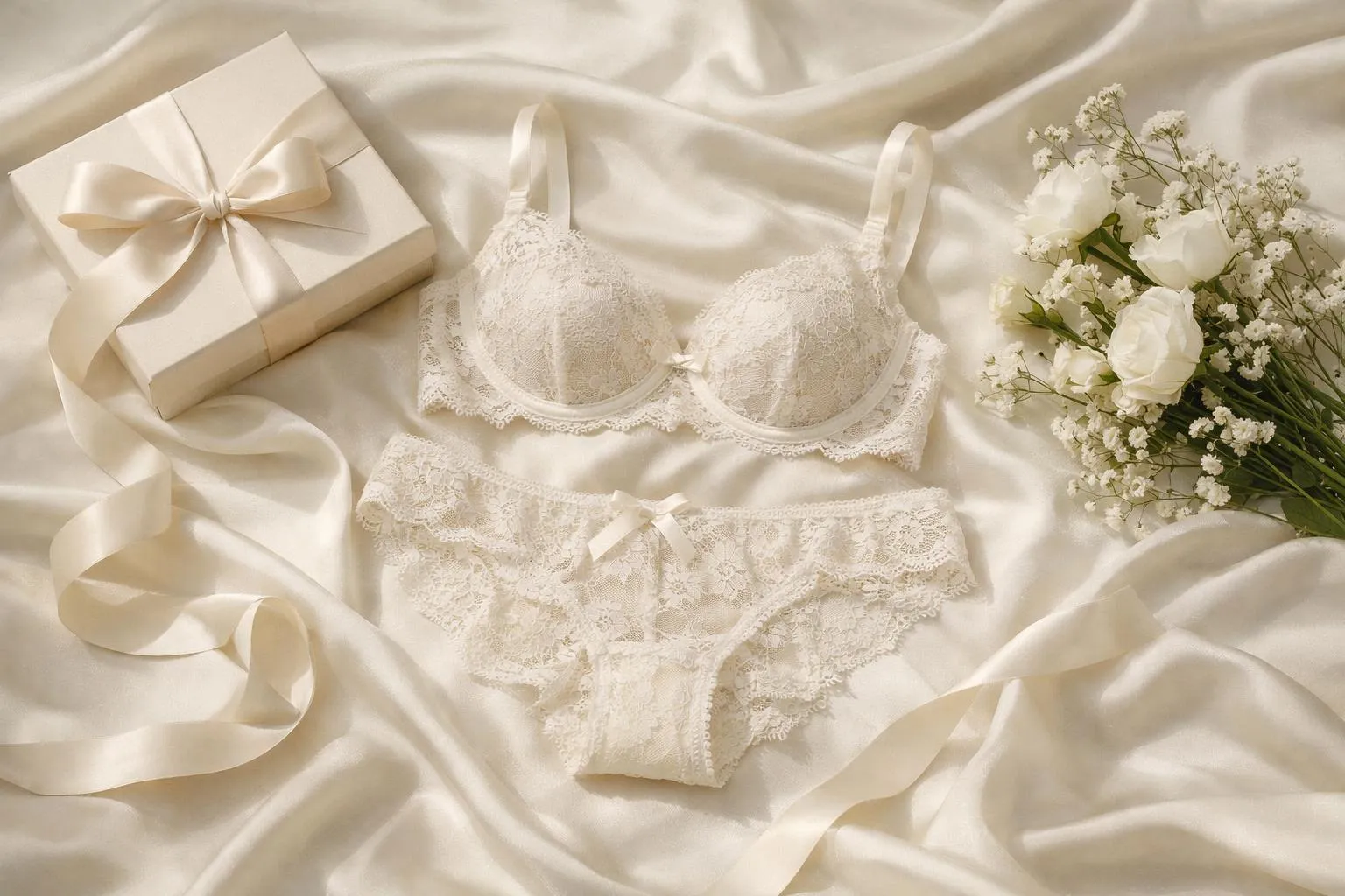 Delicate lace lingerie, gift box, and white floral bouquet.
