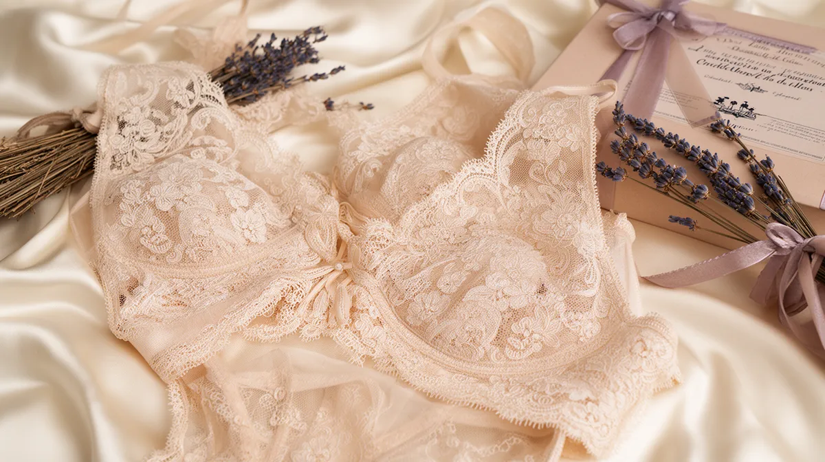 Delicate lace lingerie, lavender sprigs, and wedding invitation.