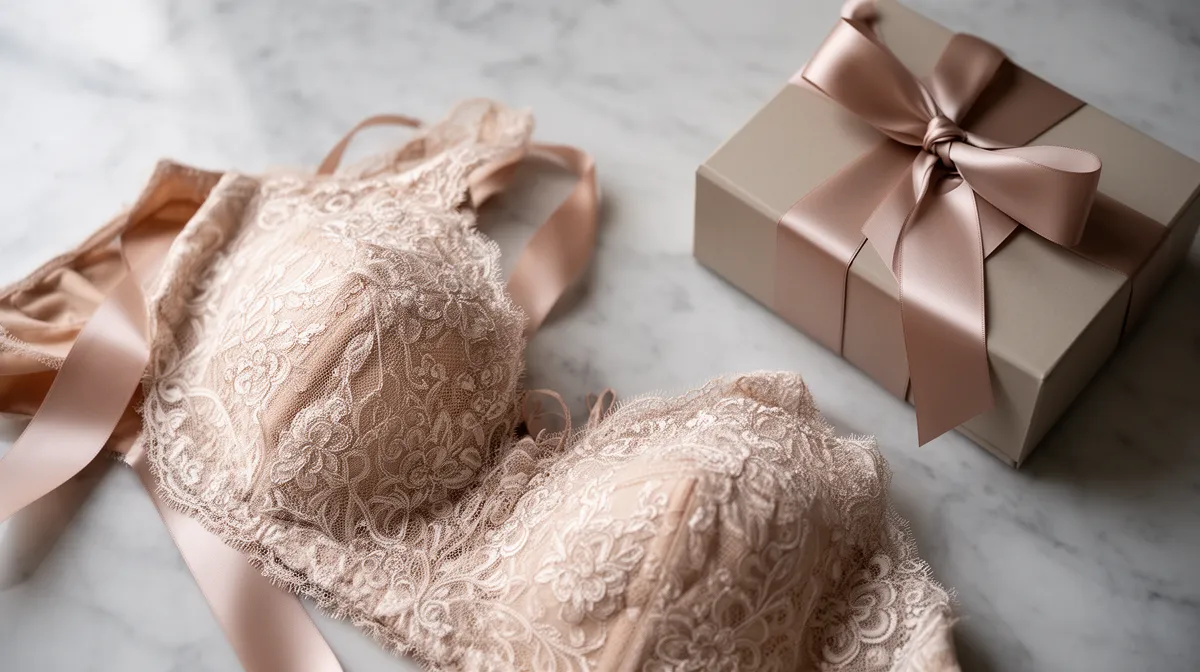 Delicate lace lingerie, gift box with satin ribbon.
